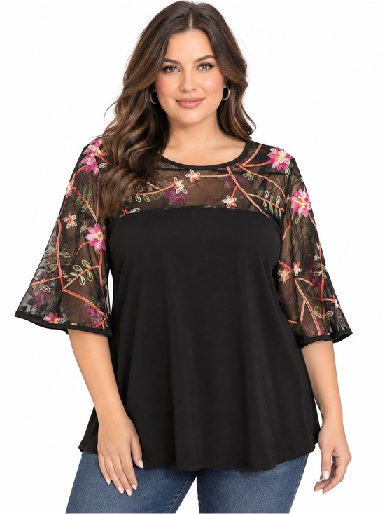 Kim & Cami Tops - Kim & Cami Black Mesh Embroidered Top
